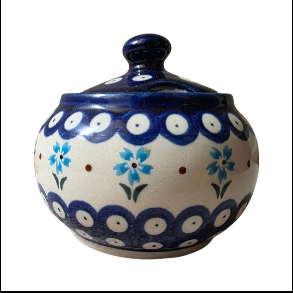Boleslawiec Polish Pottery Sugar Bowl w Lid Flowering Peacock Handmade Vintage